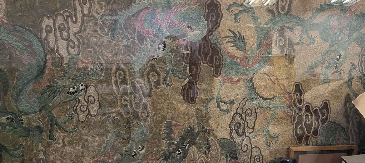 Large ANTIQUE Asian Japanese or Chinese Dragon Silk Tapestry Acrylic Frame- 127"