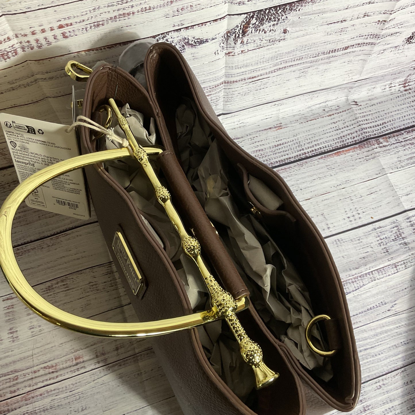 NWT LOUNGEFLY Harry Potter Deathfly Hallowe Brown Purse with Gold Elder Wand