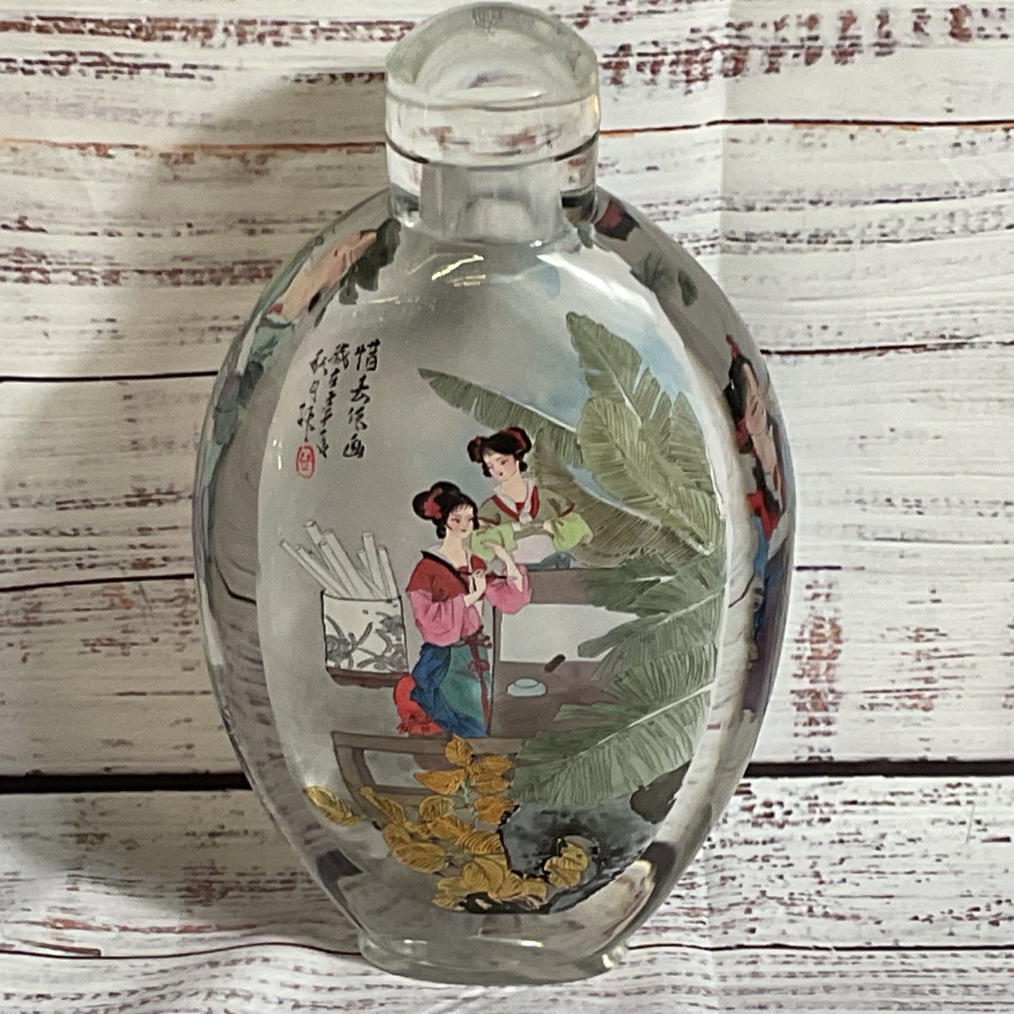 VTG./ANTIQUE Japanese Frosted Glass Reverse Hand Painted Bottle- 8.5"