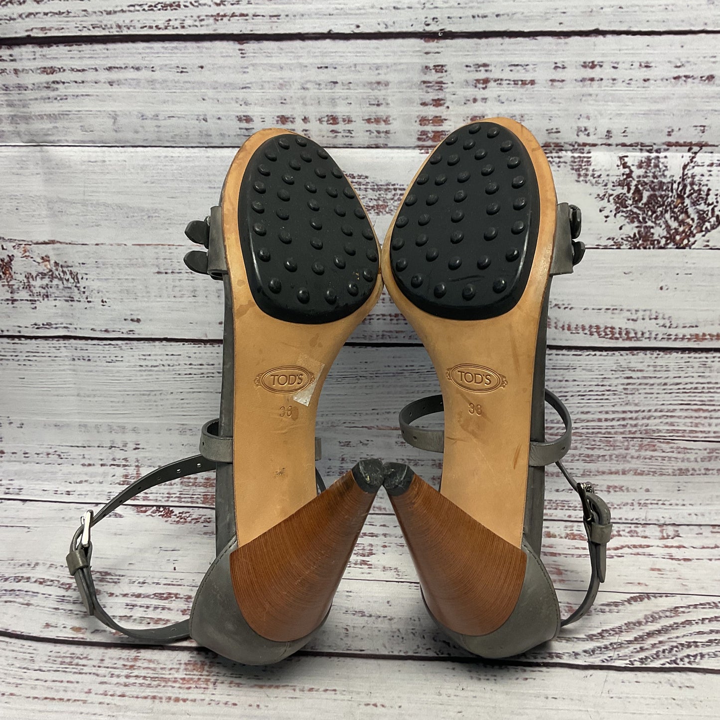Tod's Grey Leather Ankle Strap Sandal Heel Women Size 8
