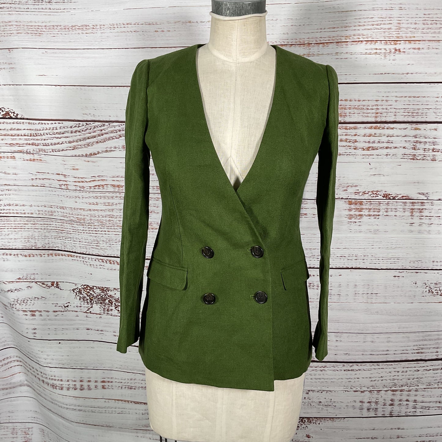 J. Crew French Girl Green Linen Double Breasted Petites Jacket - Size P2 New