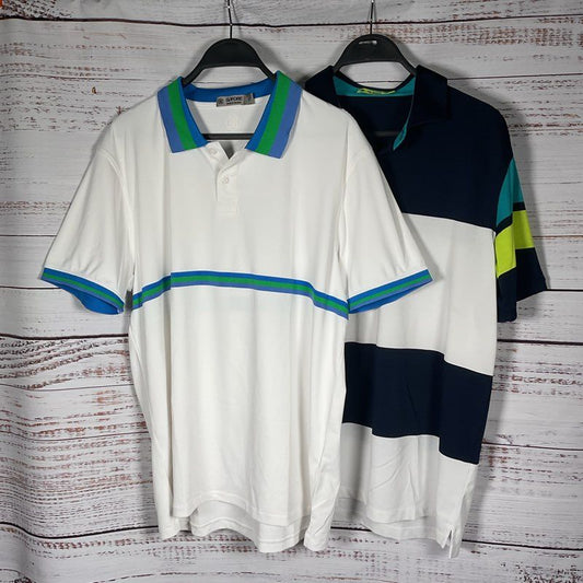 Lot of 2 G/Fore White, Blue, & Green Striped/Color Block Polo Shirts - Size L
