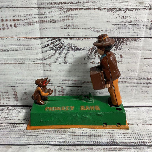 Vintage Cast Iron Monkey Bank Mechanical Coin Bank *WORKS*