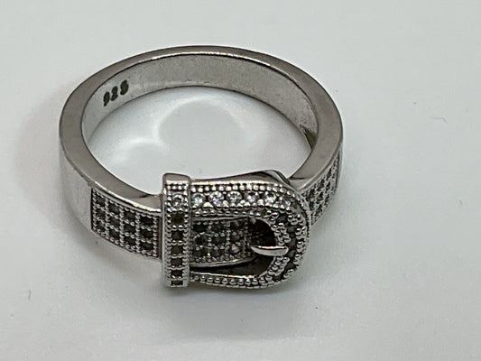 Sterling Silver & Rhinestone Buckle Design SZ 9 Ring- 5.22g