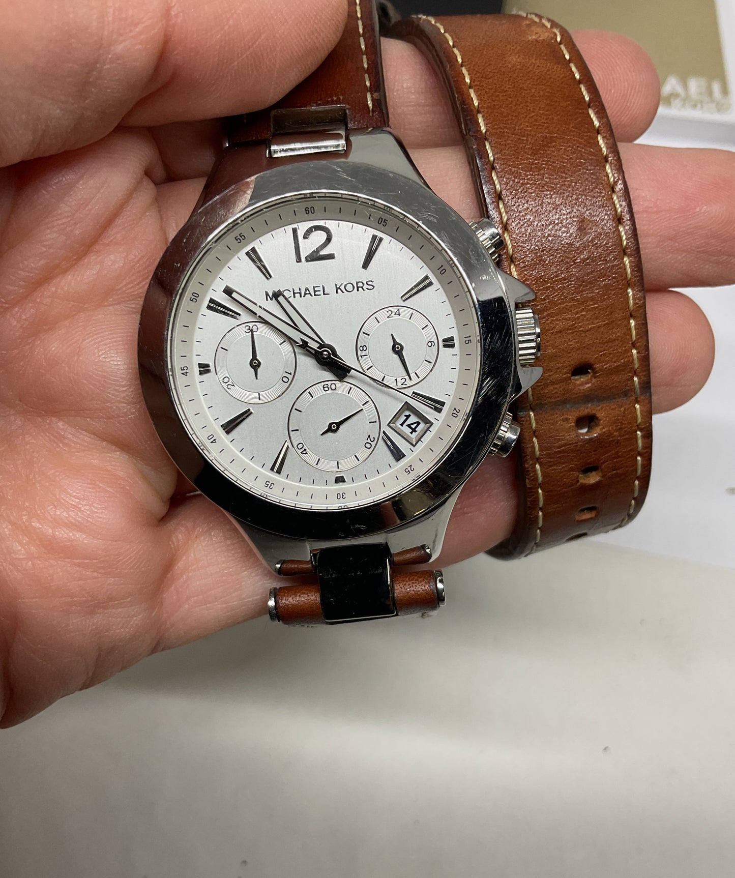 Michael Kors MK-2260 Peyton Silver Tone Case Brown Leather Wrap Watch