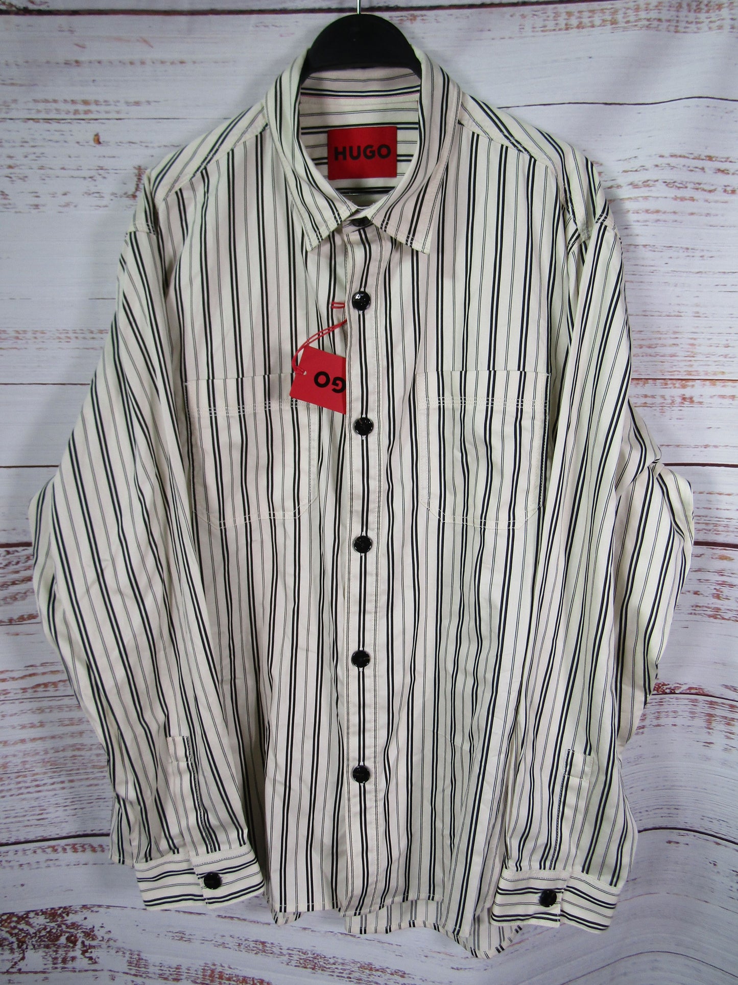 Hugo Boss Men's Off White Striped Long Sleeve Cotton Blend Shirt Size XXL