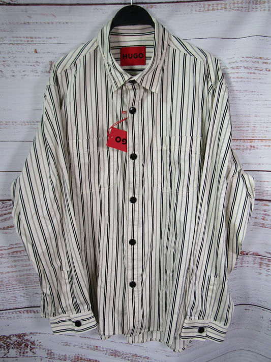 Hugo Boss Men's Off White Striped Long Sleeve Cotton Blend Shirt Size XXL