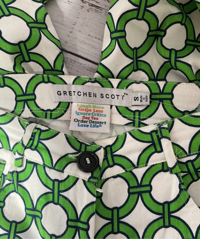 Women's Gretchen Scott Green and White Pants Cotton Blend Size S Retail $150