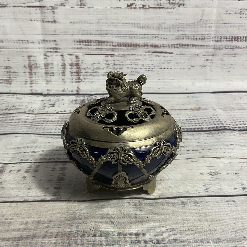 Blue Ceramic Metal Fu Dog Adorned 3.5" Chinese Incense Burner