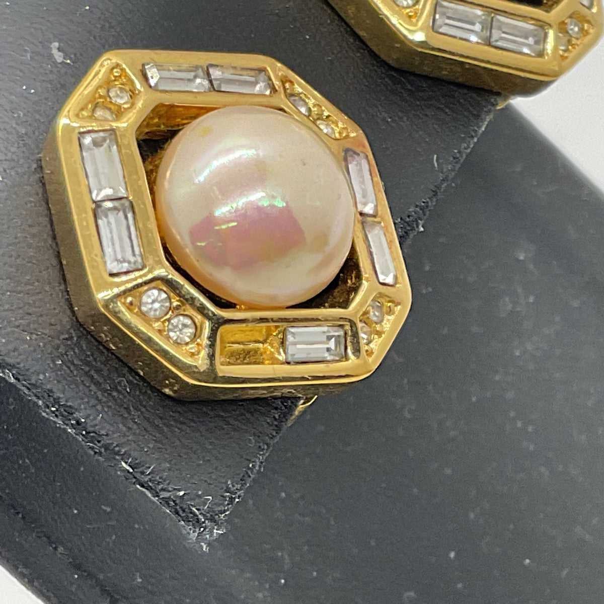 CHRISTIAN DIOR Gold Tone Faux Pearl Rhinestone 20mm Earrings- MISSING 1 STONE