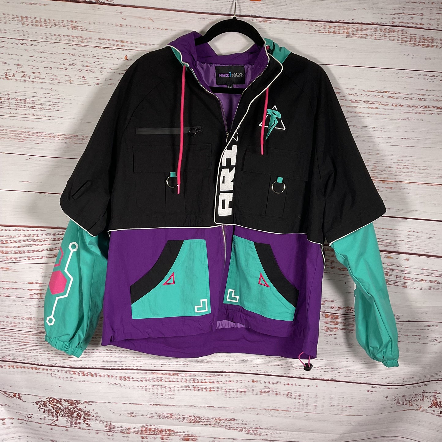 Ari-Gatou Techwear Black Turquoise Purple Jacket - Size Adult M