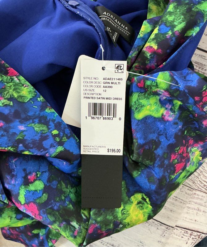 NWT Women's Adrianna Papell Green Print Satin Midi Dress Size 12 Retail $195