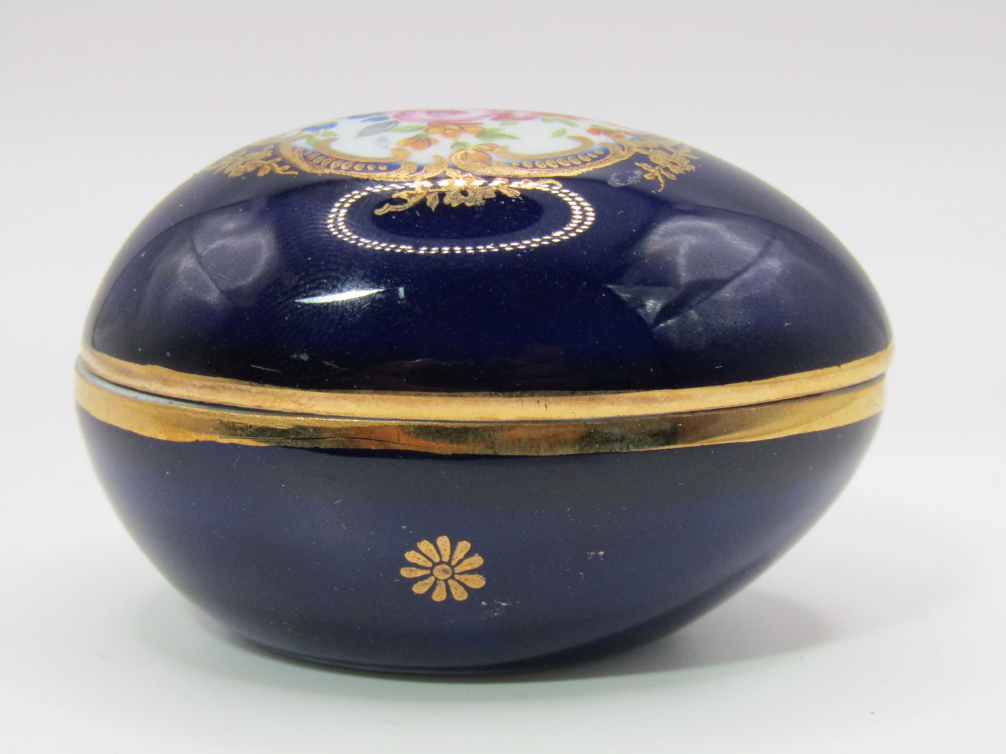 Vntg Limoges Castle Floral Cobalt Blue 24k Gold Wash Trinket Box Made in France