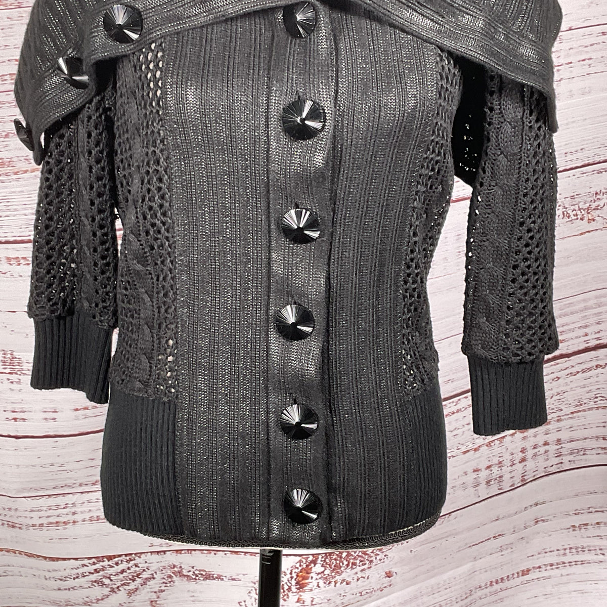 BYRON LARS Beauty Mark Women's Black Cable & Crochet Cardigan Sweater- SZ 8
