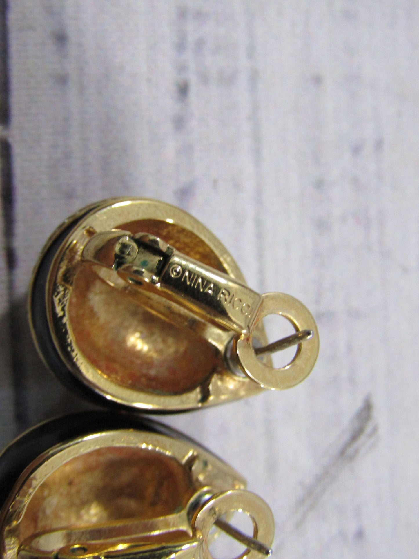 Vintage Nina Ricci Gold Plated Rhinestone Accent Black Enamel Clip-on Earrings