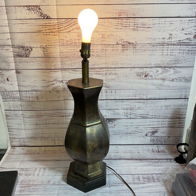 VTG. MCM FREDERICK COOPER Distressed Brass and Wood Base Lamp 23"- WORKS!!!!