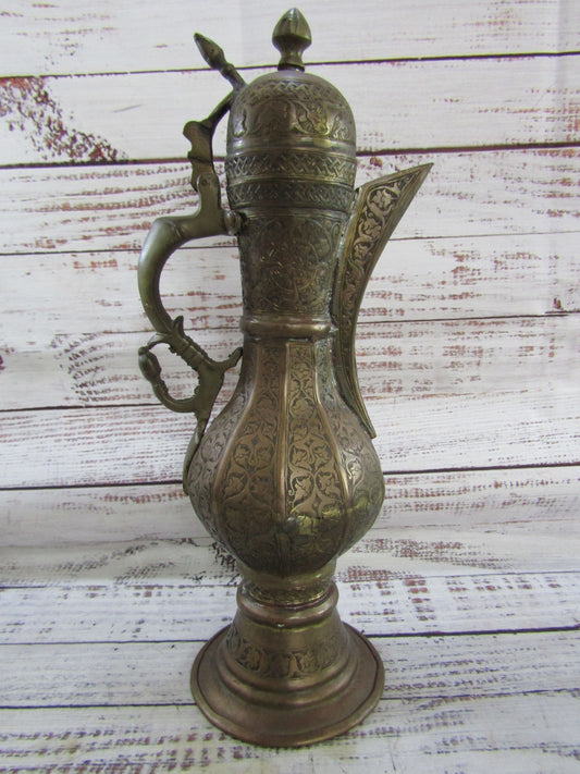 Vintage Floral Hand Chased Brass Middle Eastern Aftaba