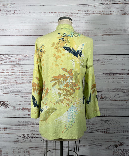Fabulous Citron 100% Silk Green Butterfly Garden Button-Up Long Sleeve - Small