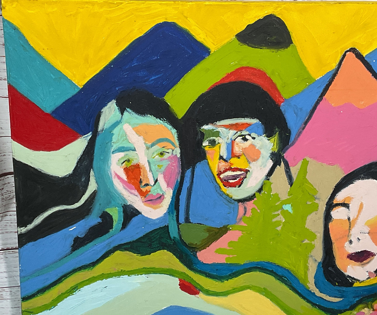 Three Women Against a Mountain Painting Signed by Emily J. Snyder