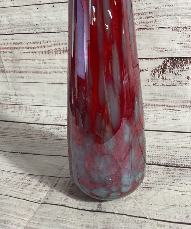 Vintage Murano Art Style Grey & Red Hand Blown Long Vase 15.5"