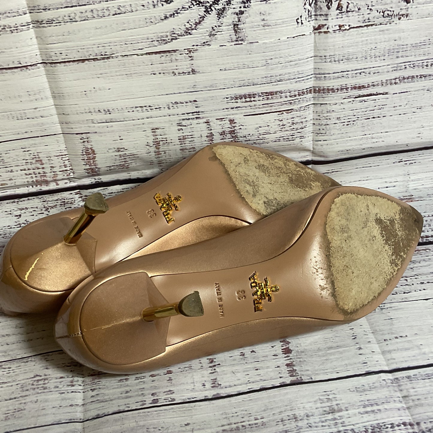 PRADA Women's Champagne Patent Leather Pump Heels- 38/ 8 US