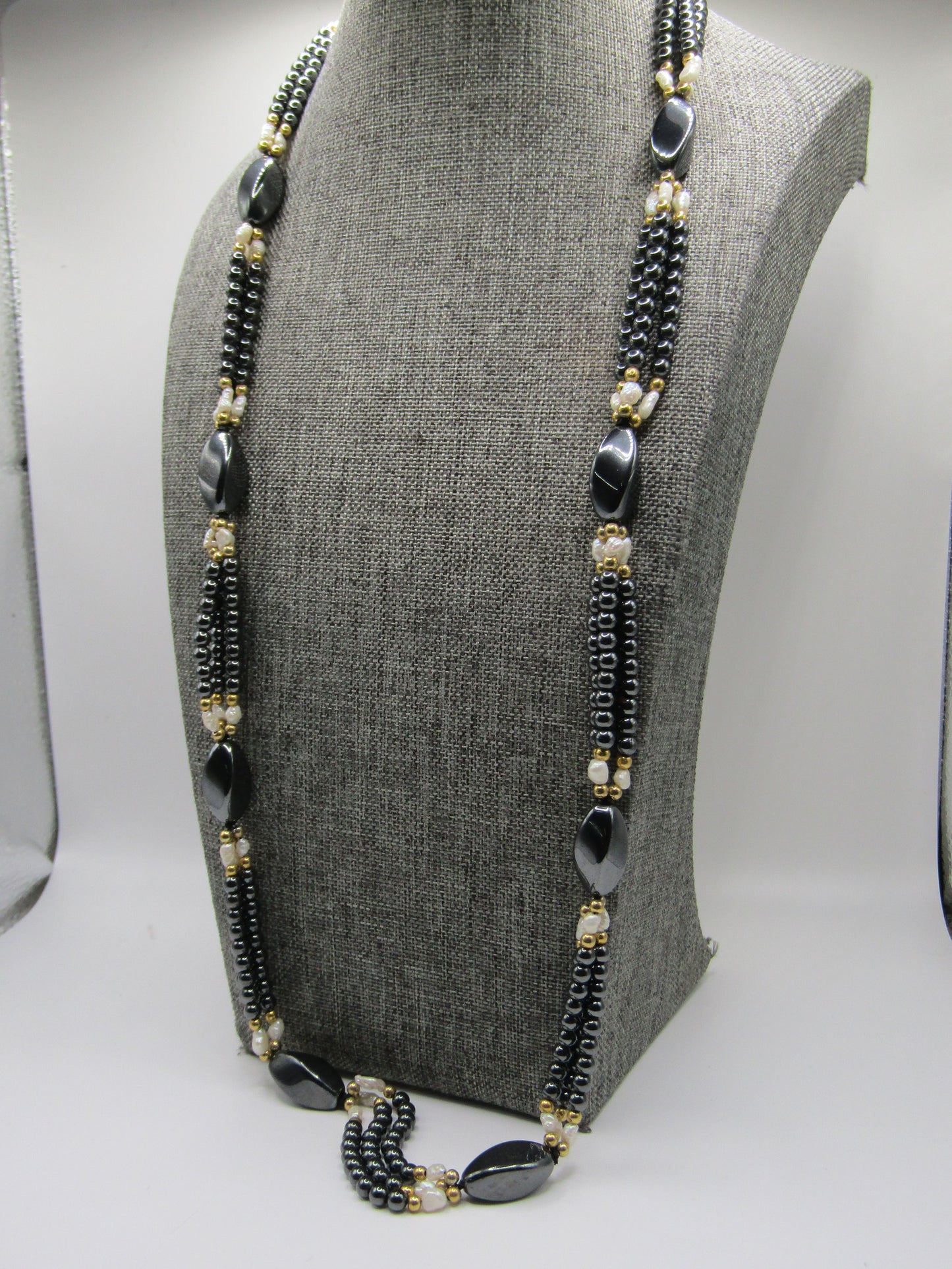 Beaded Hematite Rice Pearl Necklace