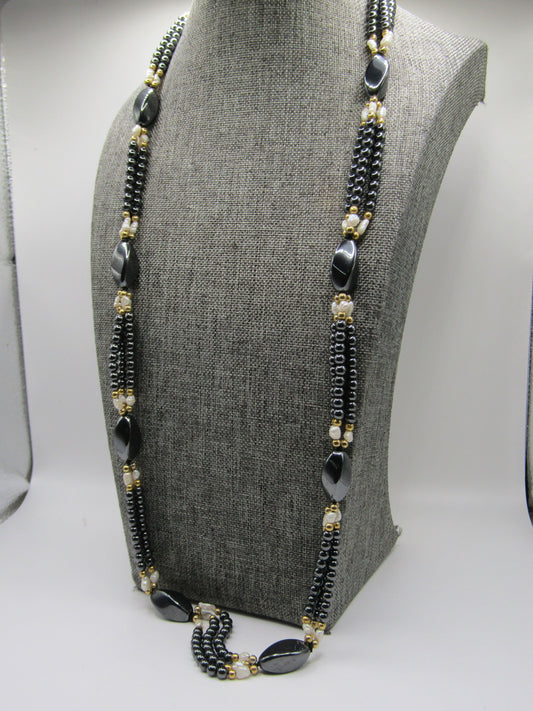 Beaded Hematite Rice Pearl Necklace