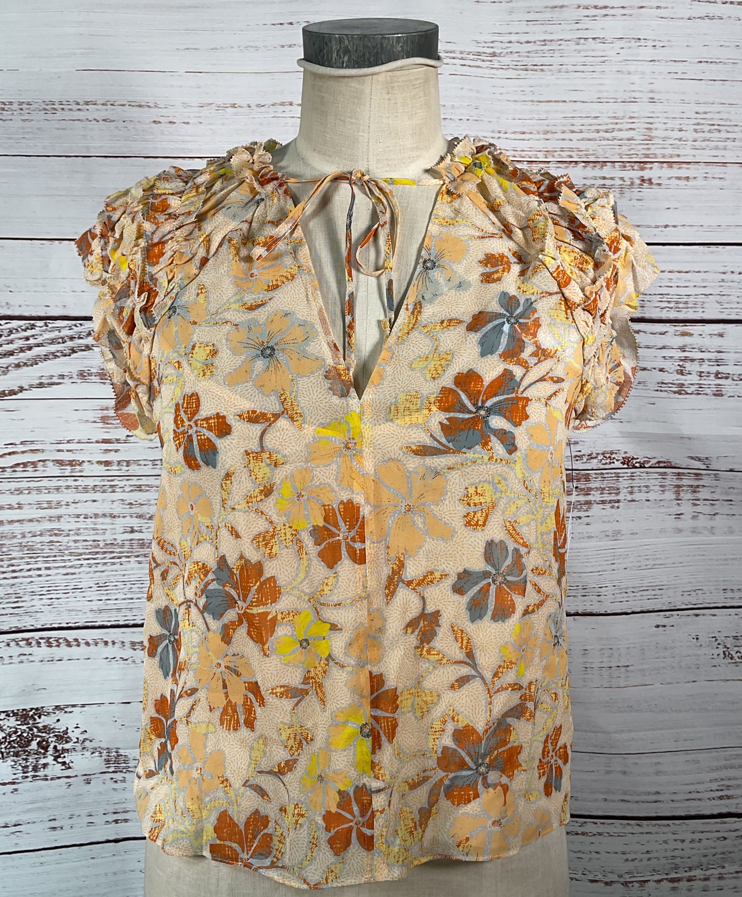 Joie Tezza Short Sleeve Silk Top Apricot Buff Multicolor S