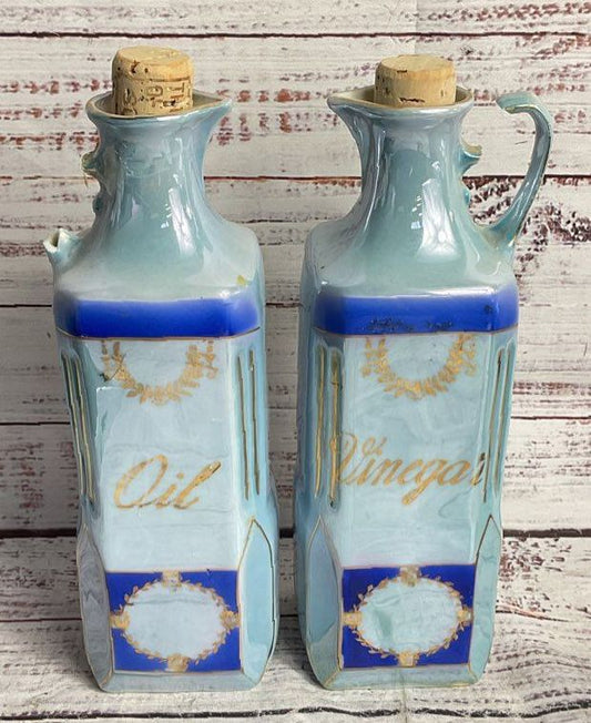 Victoria Vintage Czechoslovakia Lusterware 8" Oil Vinegar Dispensers Blue