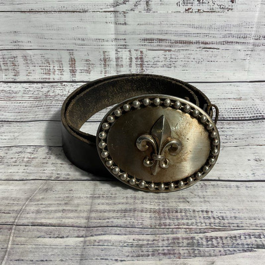 Metal Fleur De Lis Buckle Dark Brown Leather Belt Size 36