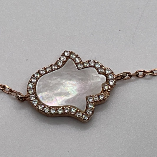 Sterling Silver Vermeil Mother of Pearl Hamsa Charm 7.5" Bracelet- 2.37g