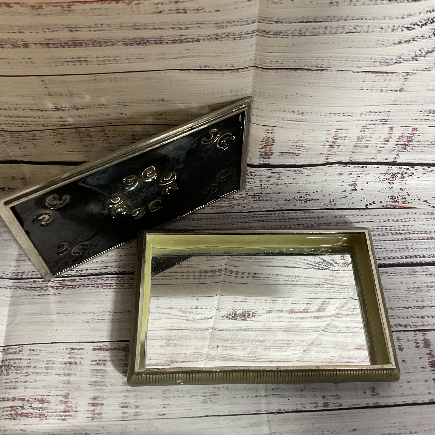 VTG. Ornate Enamel Mirrored Metal Jewelry Trinket Box-4.5" x 7.25"