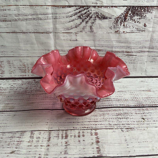VTG. Fenton Cranberry Opalescent 5" Ruffled Edge Hobnail Glass Bowl