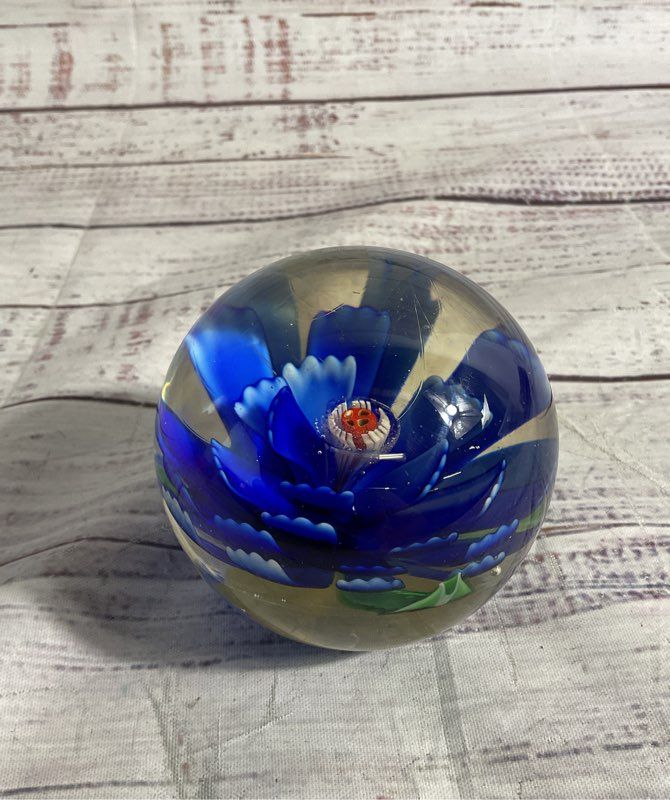 Vintage Blue Blossom Flower Paperweight Green Bottom Floral Glass