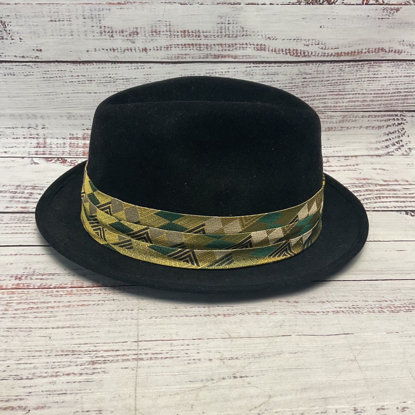 Louise Green Black Fedora Yellow Jacquard Band Hat - Size S