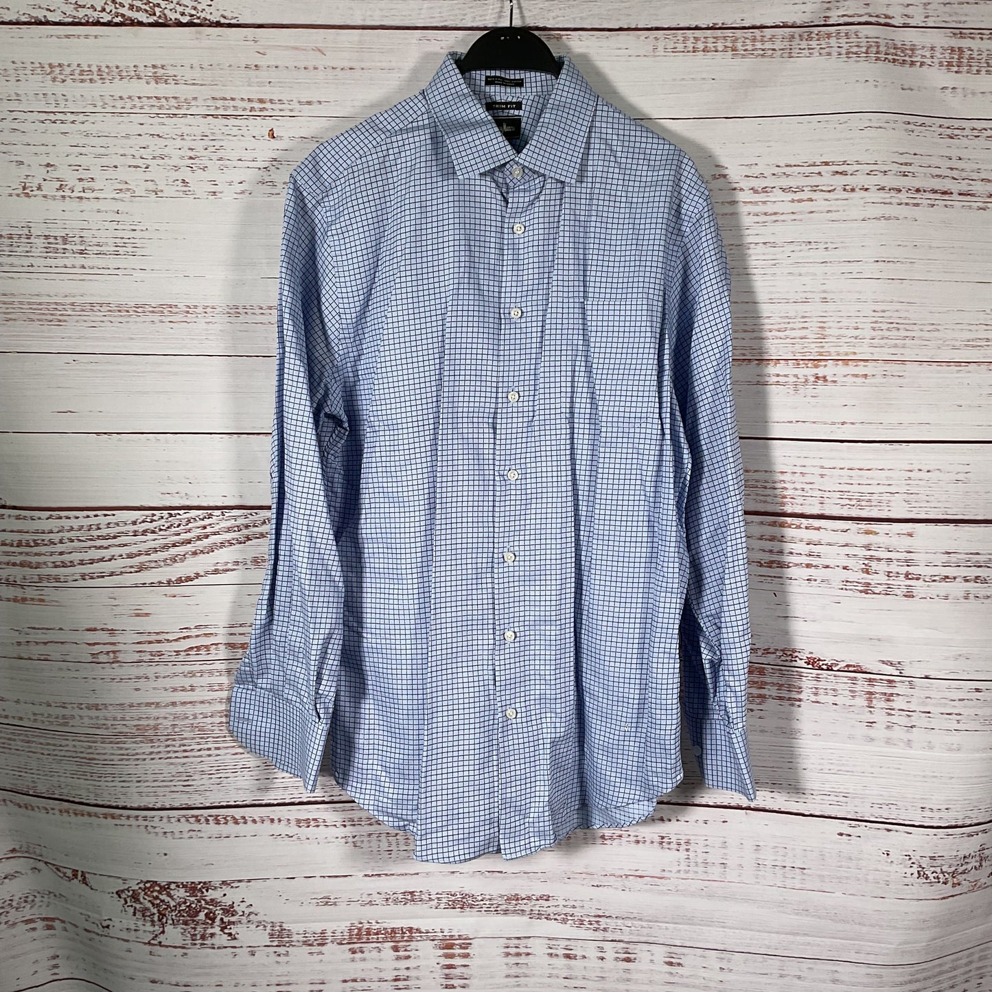 Neiman Marcus Trim Fit Light Blue Navy Blue Grid Pattern Dress Shirt 16 34/35