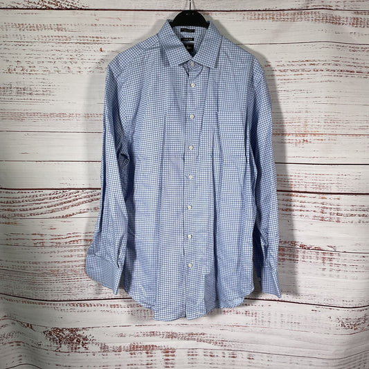Neiman Marcus Trim Fit Light Blue Navy Blue Grid Pattern Dress Shirt 16 34/35