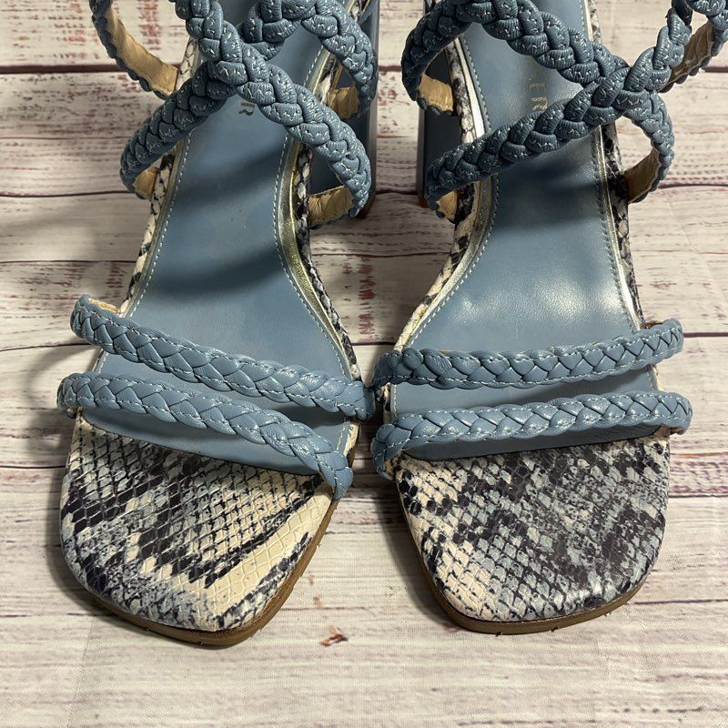Donald Pliner Blue Snake Embossed Leather Braided Strappy Column Heel Size 10 W