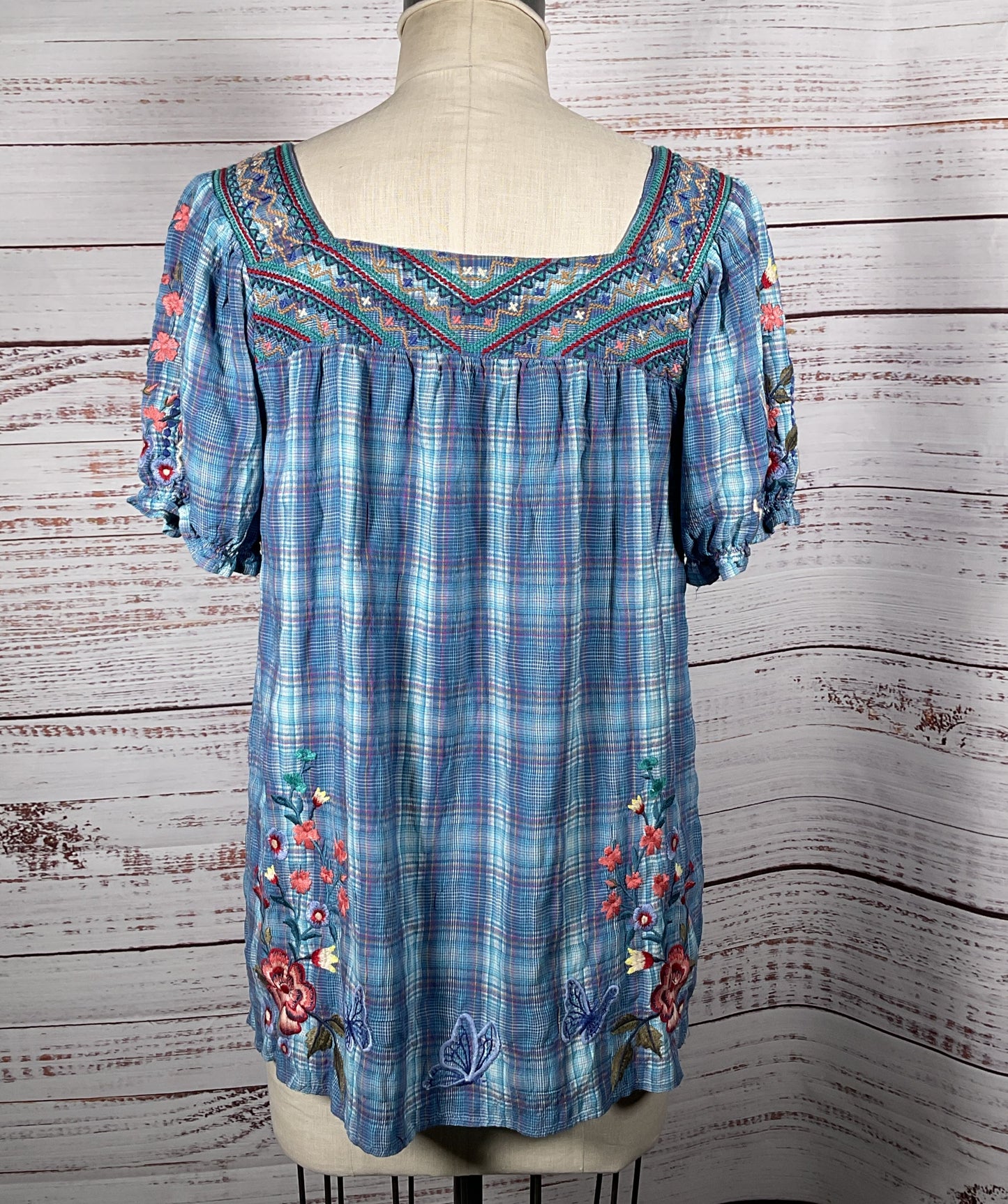 Johnny Was Aimee Puff Sleeve Floral Embroidered Top Blue S