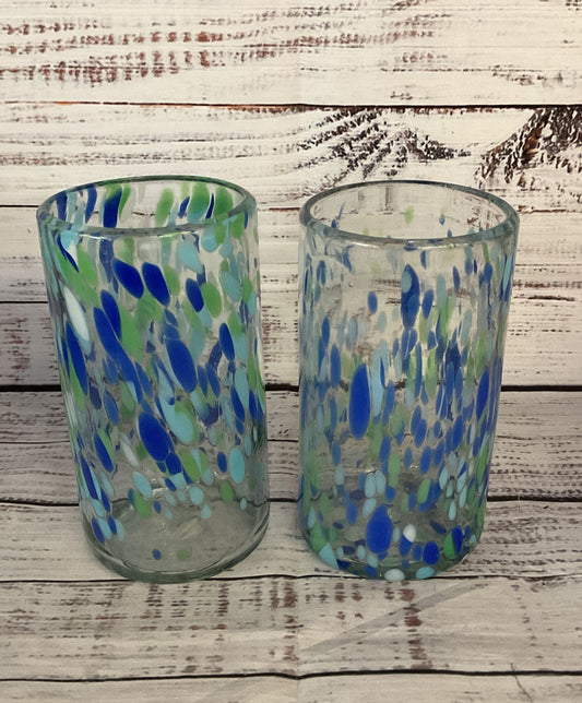Modern Hand Blown Speckled Mexican Drinking Glasses Lot of 2 Multicolor