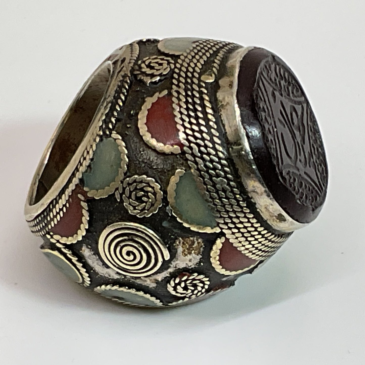 Afghan Silver Tone Stone Inlay Chunky SZ 7.5 Ring