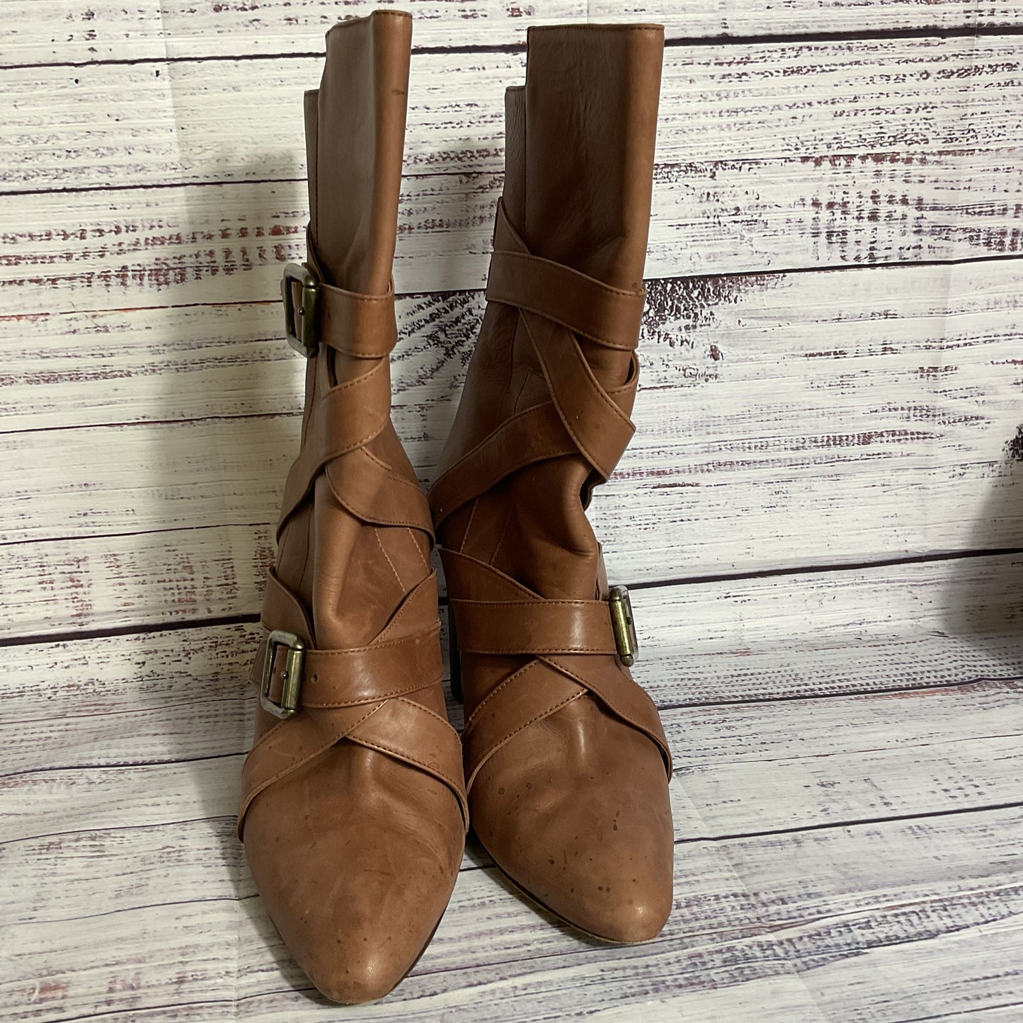 MANOLO BLAHNIK Women's Brown Leather Strap Mid Calf Boots- SZ 37.5