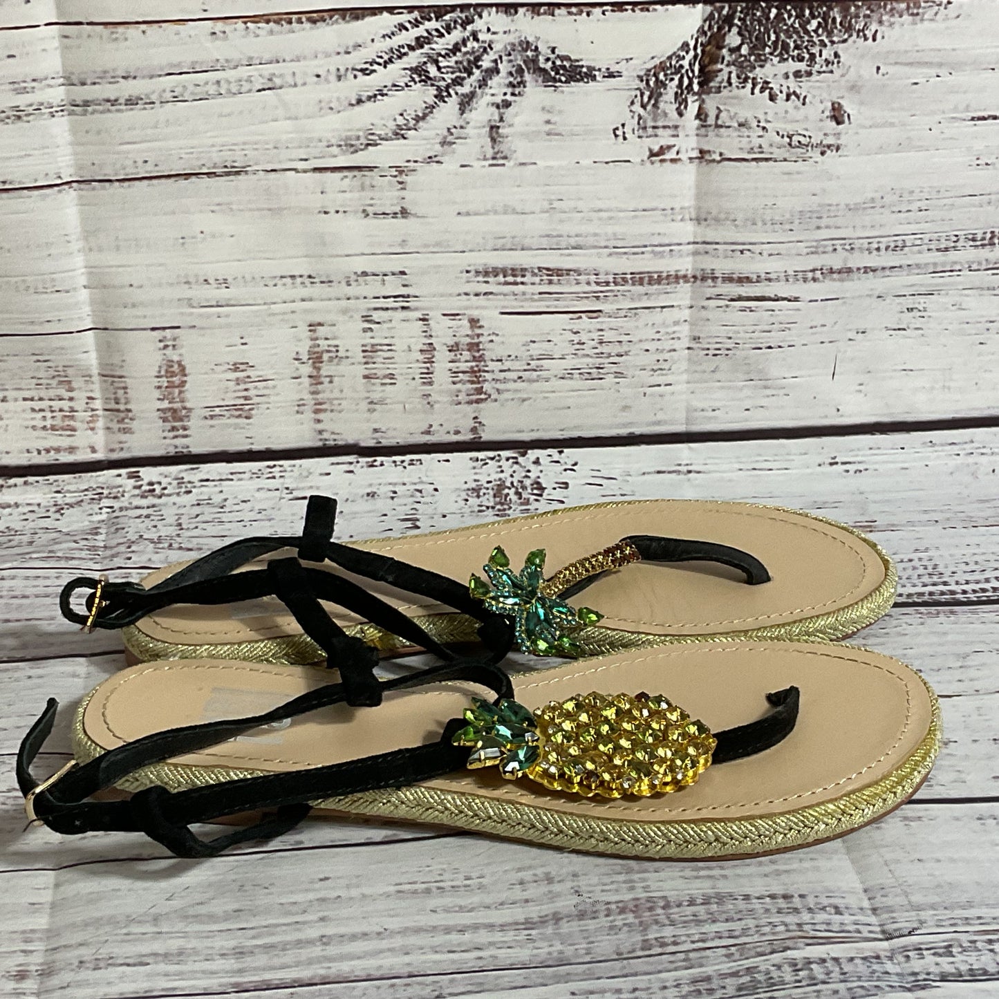BIBI LOU Women's Black Palm Tree Pineapple Rhinestone Thong Sandals- SZ 37