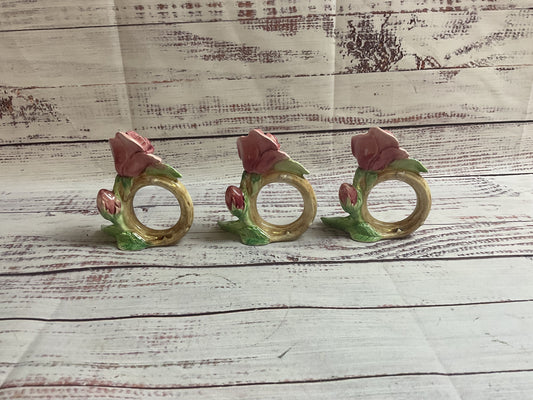 Set Of 3 FF Japan Ceramic Rose Napkin Rings