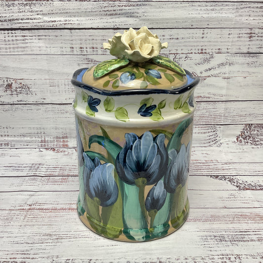 Lesal Ceramics Hand Painted Blue Floral Jar Canister 11"