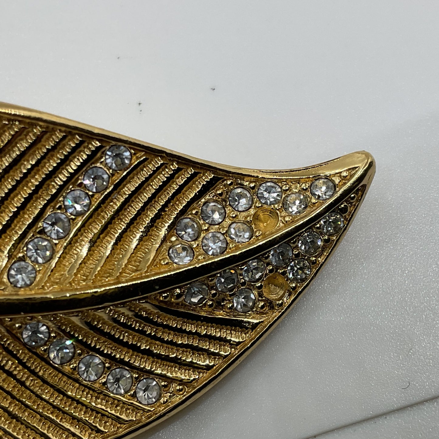 VTG. 60'S CHRISTIAN DIOR Gold Tone Rhinestone Leaf 4.25" Brooch- MISSING STONES