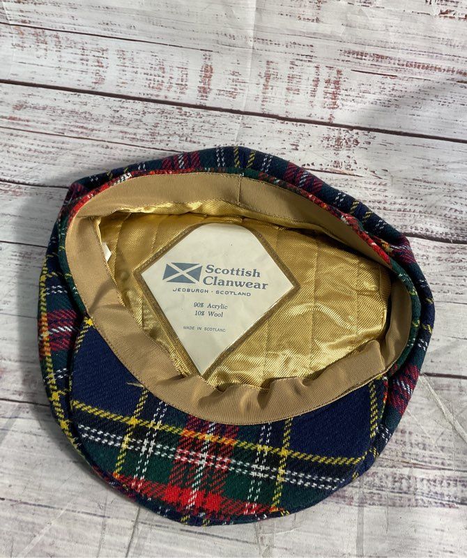 Scottish Clanwear Plaid Wool Beret Hat Pom Pom Made Scotland - Size 6 7/8