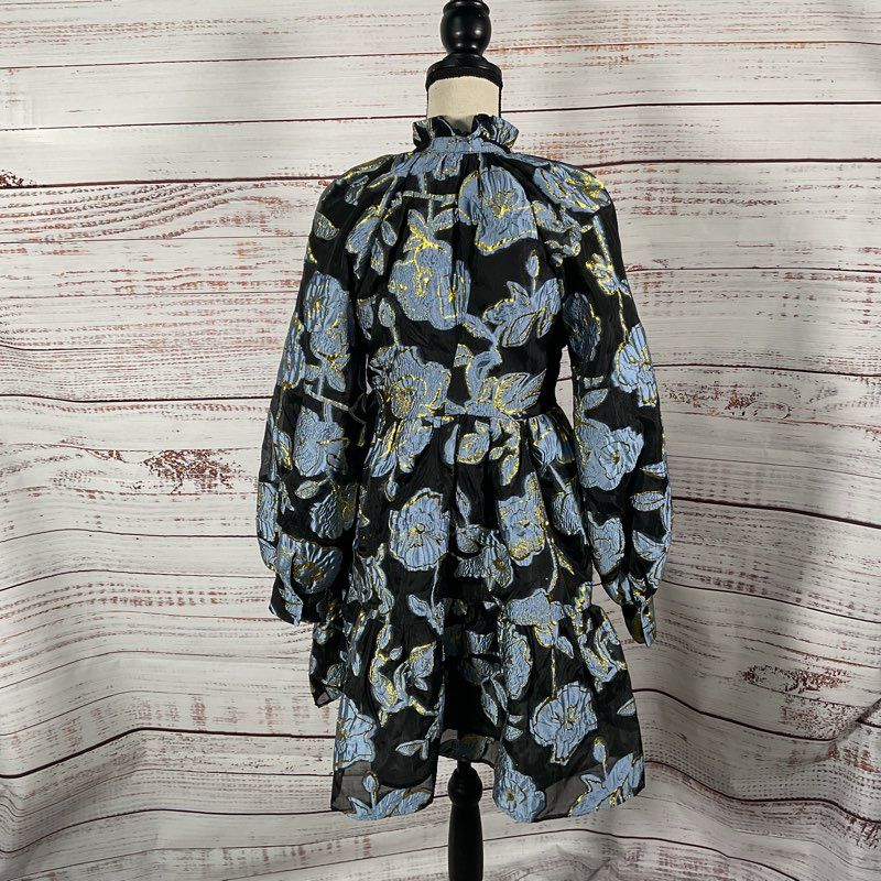 Stine Goya Jasmine Black/Blue Floral Ruffle Neck Mini Dress - Size in Desc.