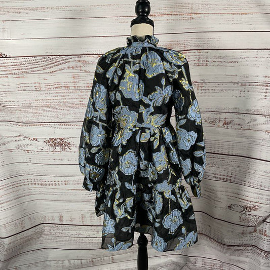 Stine Goya Jasmine Black/Blue Floral Ruffle Neck Mini Dress - Size in Desc.