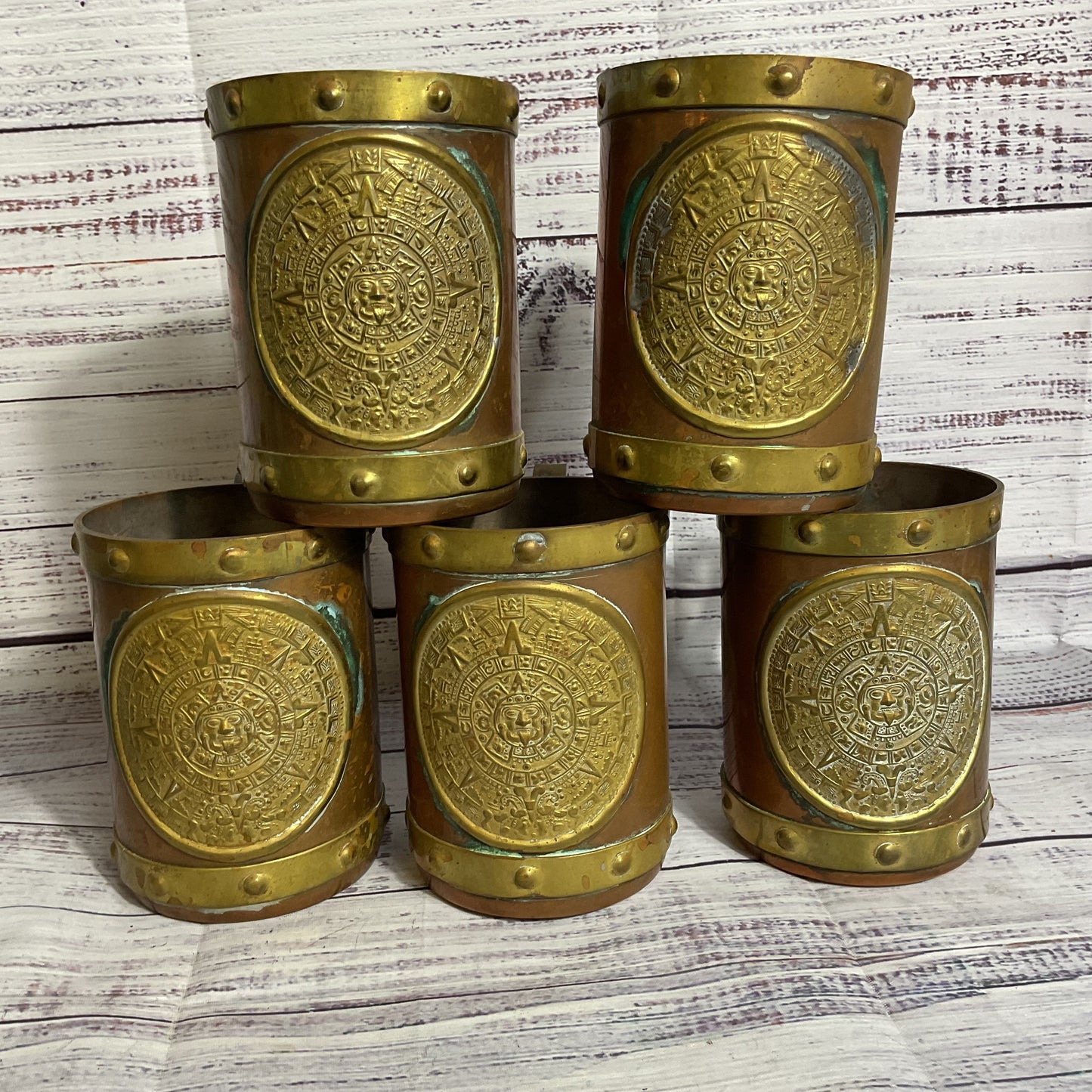 VTG. Mexican Copper & Brass Aztec Mayan Calendar Mugs- Set of 5